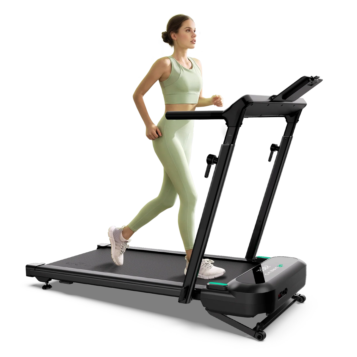 Woman running on a UREVO treadmill with handrails