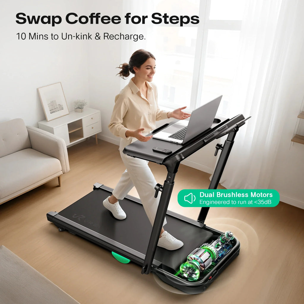Desk walking on a quiet dual-motor treadmill