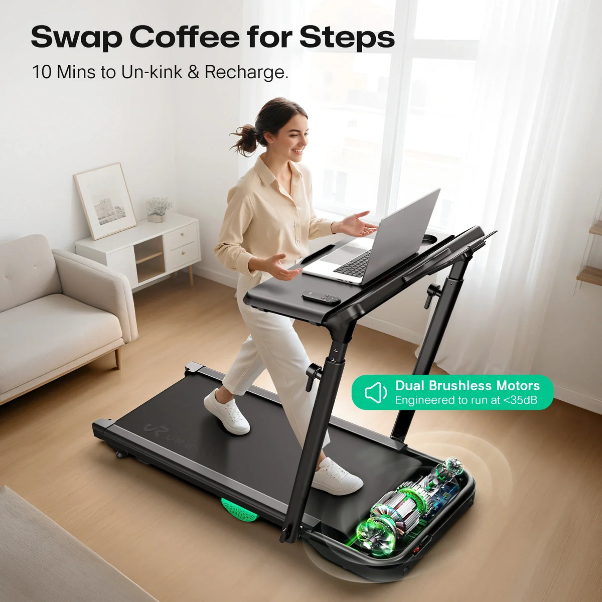 Desk walking on a quiet dual-motor treadmill