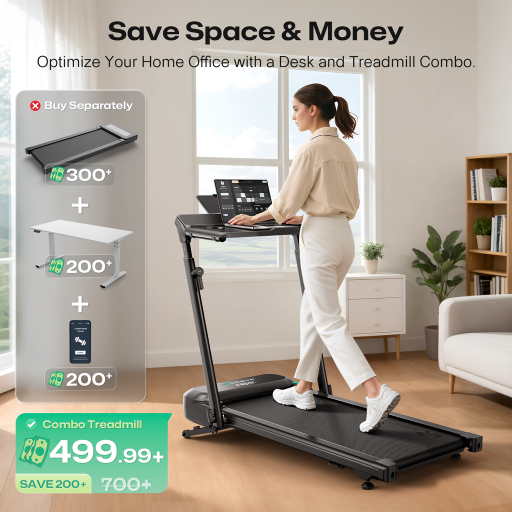 Woman using a UREVO desk treadmill combo at home