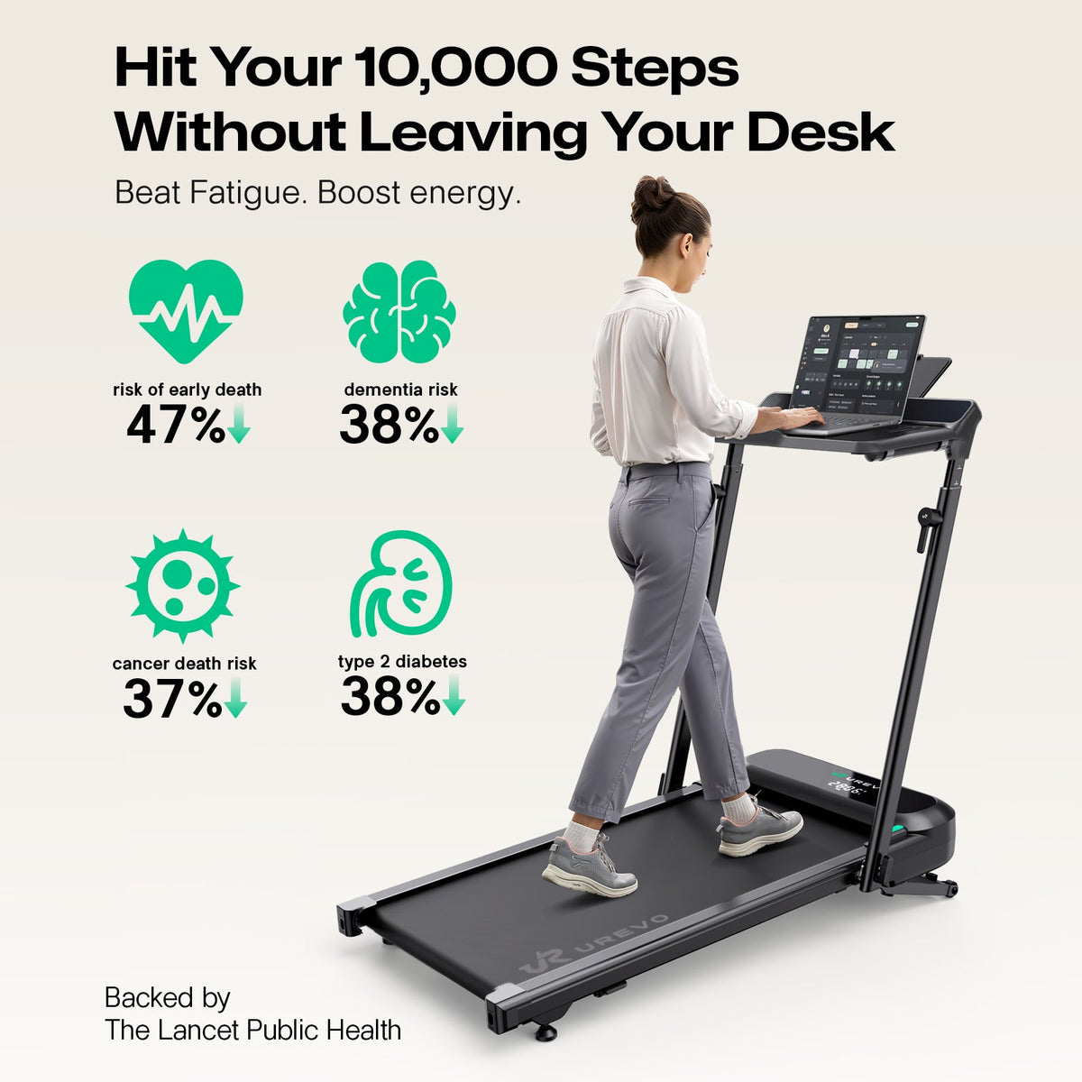 Woman reaching 10,000 steps on a UREVO FoldiMix 5L