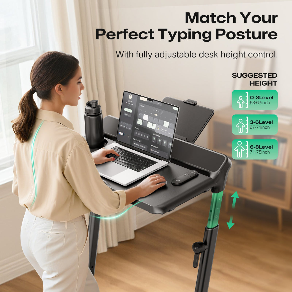 Woman using an adjustable UREVO treadmill desk
