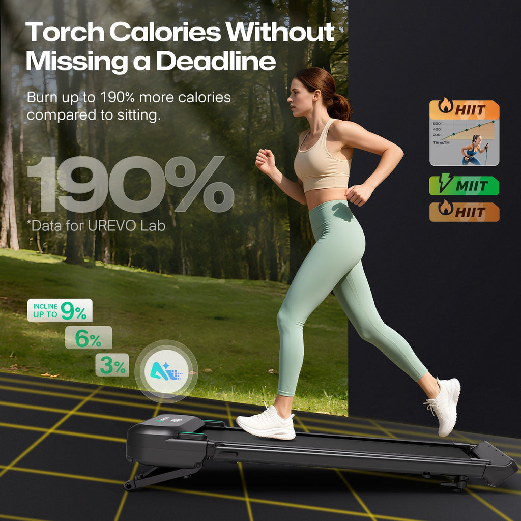 Woman running on a UREVO AI incline walking pad