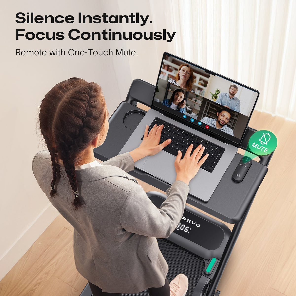 Woman muting a video call on a UREVO treadmill desk