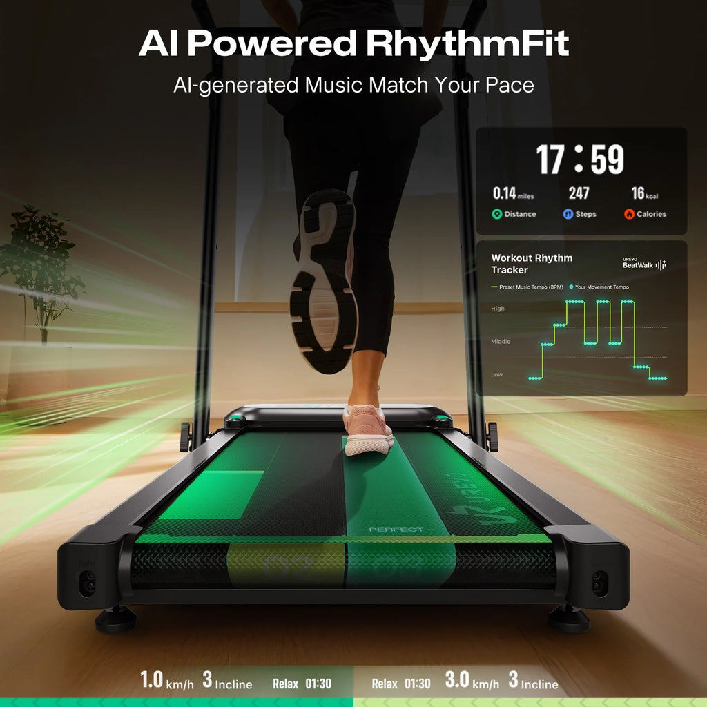 A person walks on the FoldiMix 5L Smart Treadmill with AI-generated music matching their pace