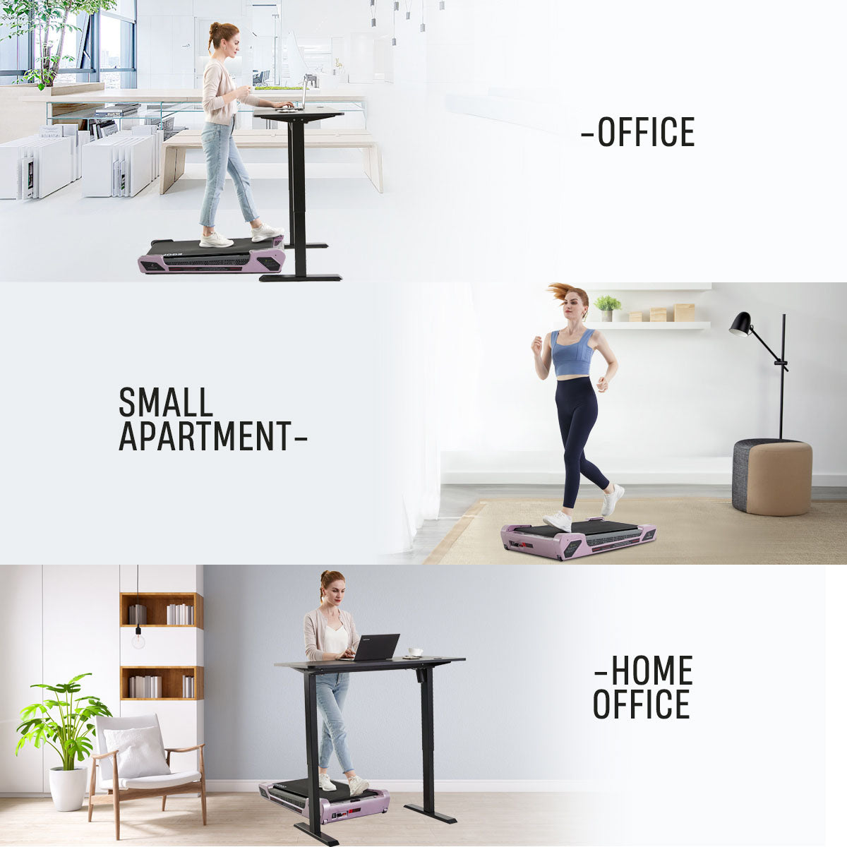 Egofit ComfortDeck-M2 sakura pink treadmill in home office and small apartment setting