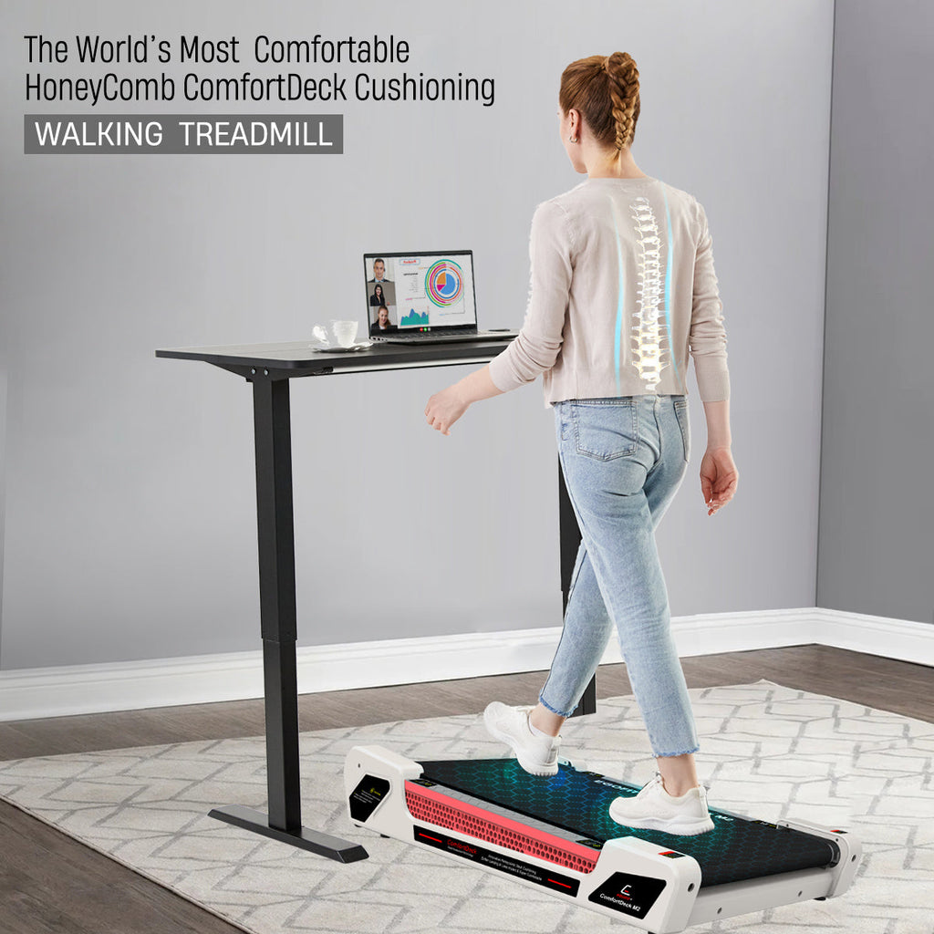 Honey Comb Deck Cushioning on Egofit ComfortDeck-M2 pearl white treadmill reduces impact for smooth workout