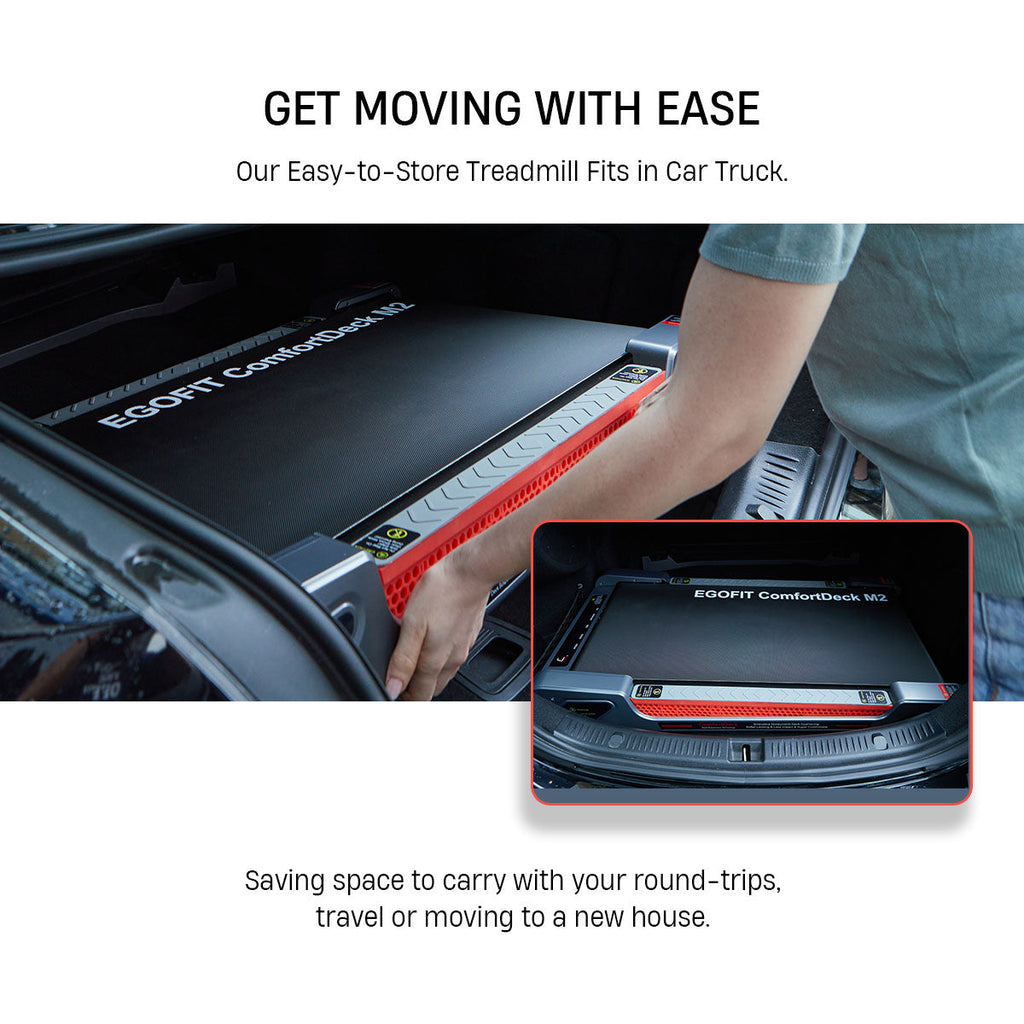 Portable Egofit ComfortDeck-M2 gray treadmill fits easily in car trunk for travel or round trips